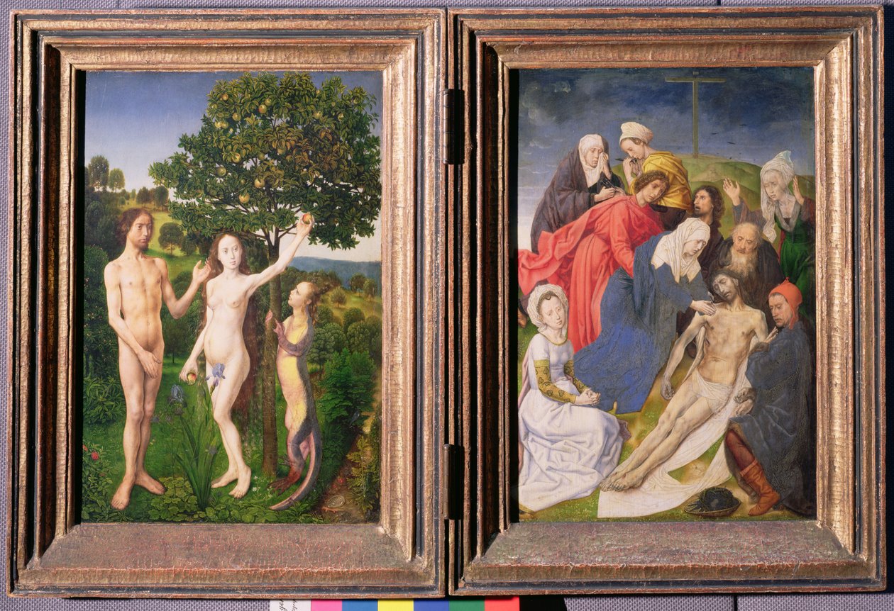 Diptych: The Fall of Man (Adam and Eve, Serpent and Apple) and Deposition of Christ (after 1479) by Hugo van der Goes