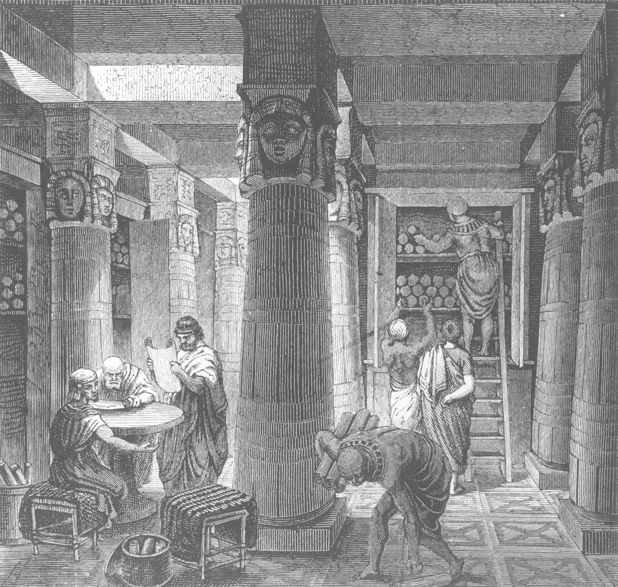 Imaginary recreation of the Ptolemy Library in Alexandria, Egypt, from Histoire Generale des Peuples, 1880 by Hungarian School