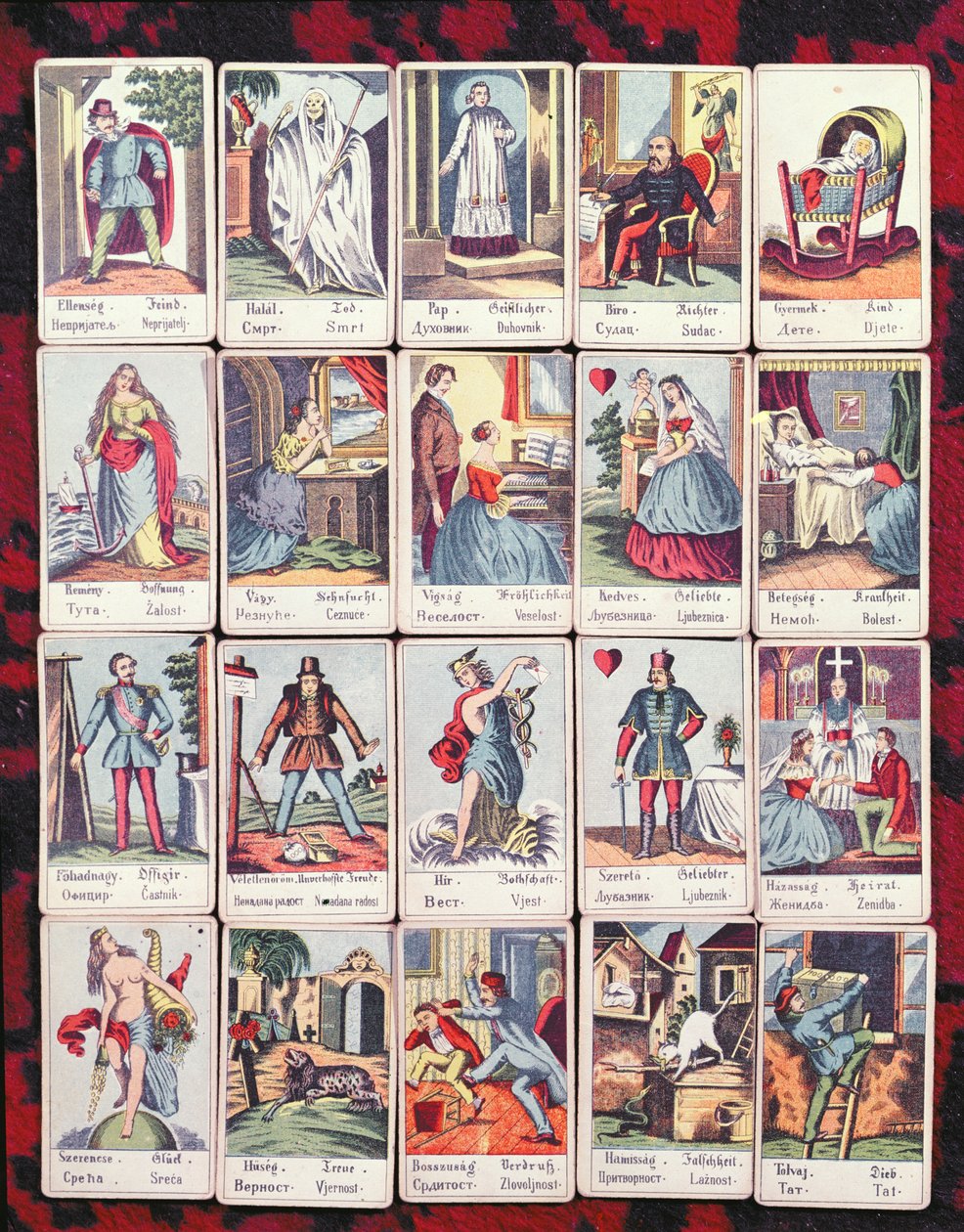 LeNormand cards in four languages (Hungarian, German, Serb and Croatian), end of the nineteenth century by Hungarian School
