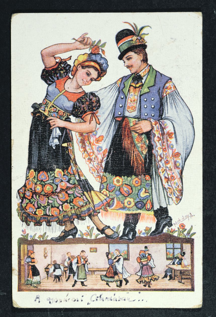 Postcard depicting a Hungarian couple dancing a traditional dance, 1943 by Hungarian School