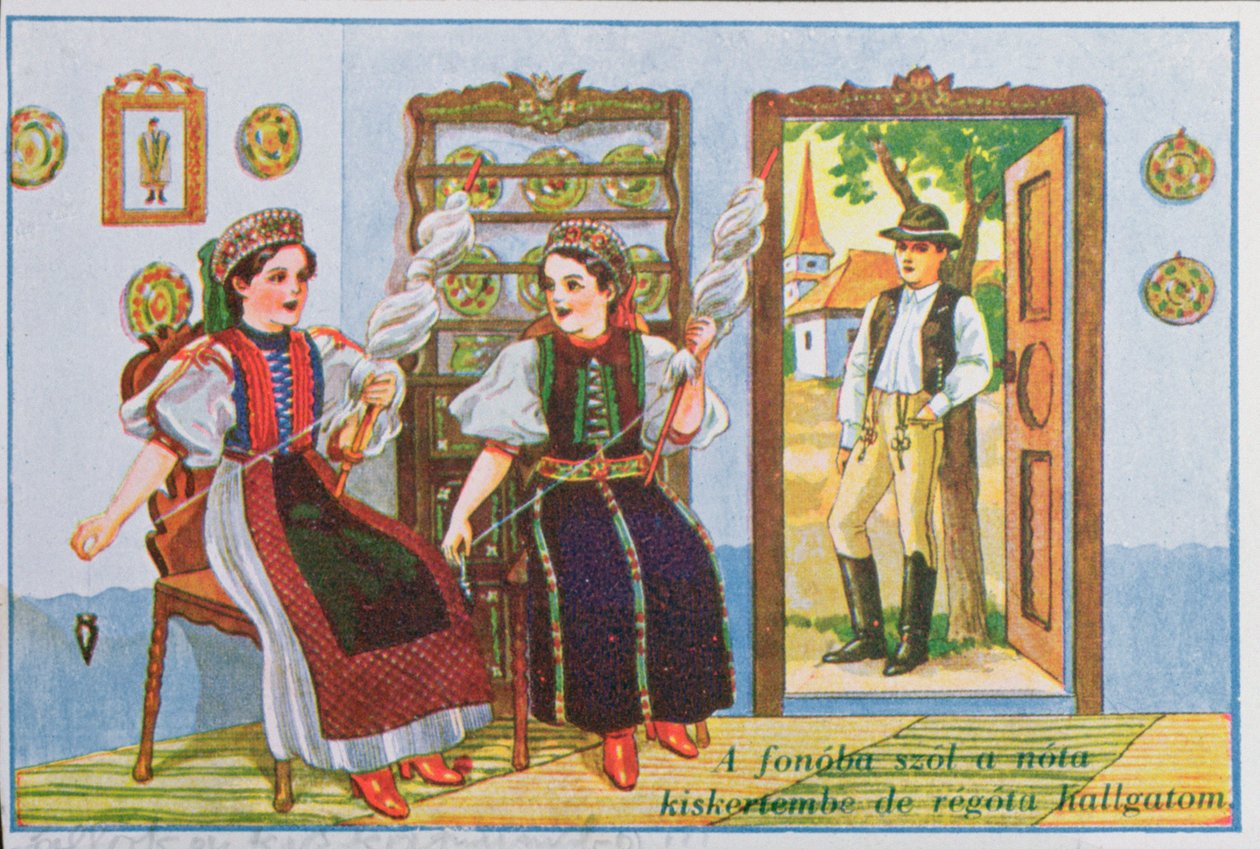 Postcard depicting women in traditional Hungarian dress spinning and singing the popular song Sing a Song to the Frog, c.1940 by Hungarian School