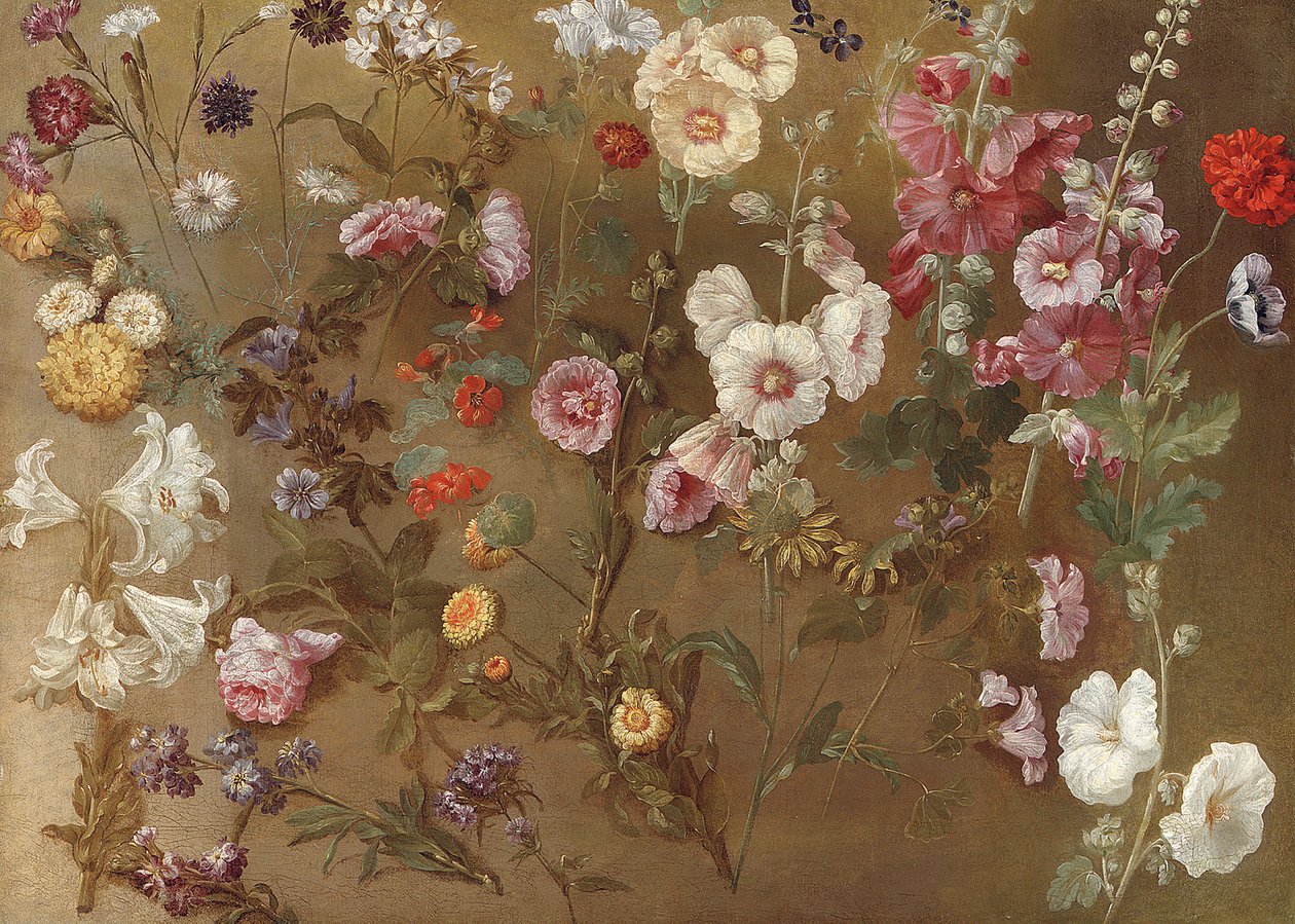 Composition of Flower Studies Including Carnations, Pincushion Flowers, Bouncing Bet, Mallow; Hollyhocks, African Marigolds, Forget-Me-Nots by Hyacinthe Francois Rigaud