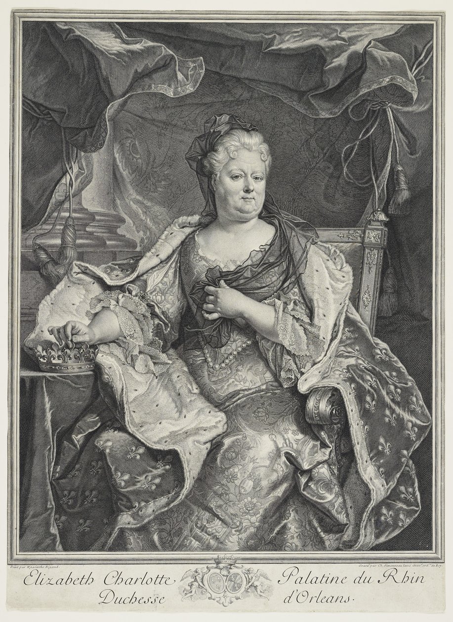 Elizabeth Charlotte Palatine of the Rhine, Duchess of Orleans, engraved by Charles Louis Simmoneau by Hyacinthe Francois Rigaud