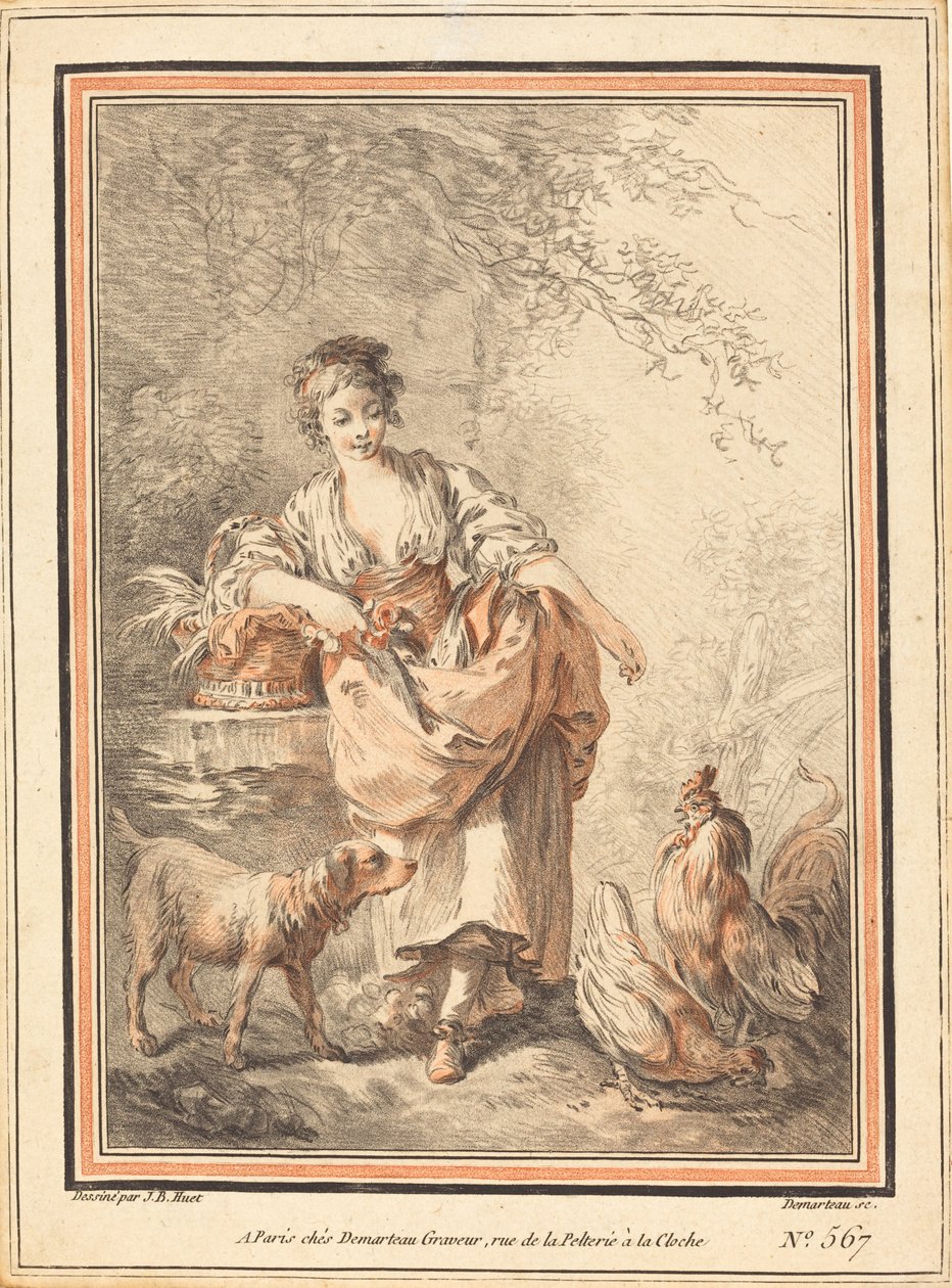 Woman Feeding Chickens by I Gilles Antoine Demarteau after Jean Baptiste Hüet