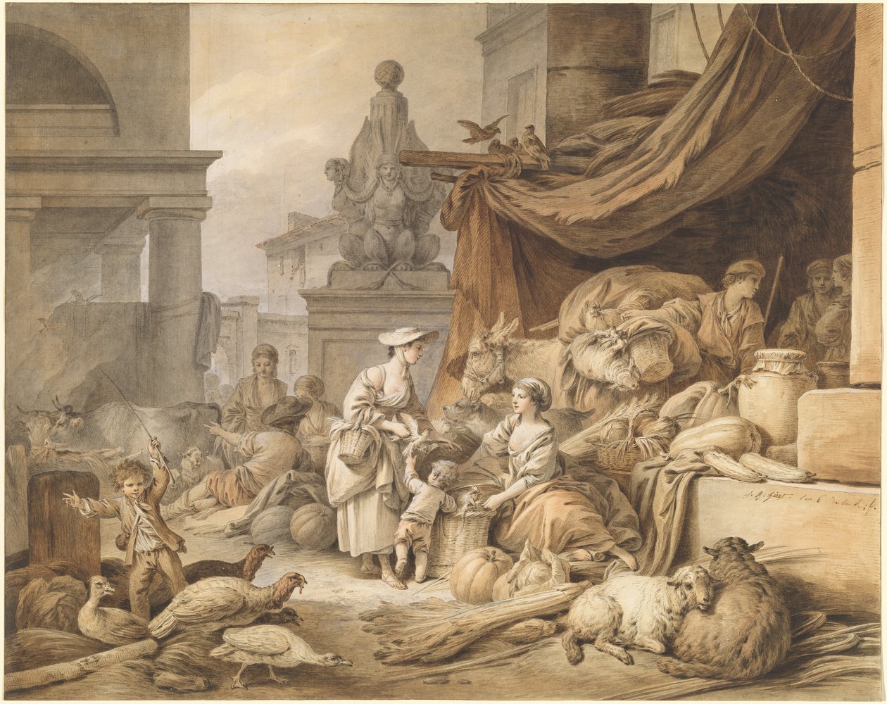 Market Scene with a Fantastic Sculpture by I Jean Baptiste Hüet