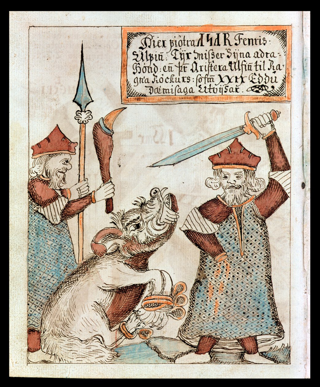 The Norse god Tyr losing his hand to the bound wolf, Fenrir by Icelandic School