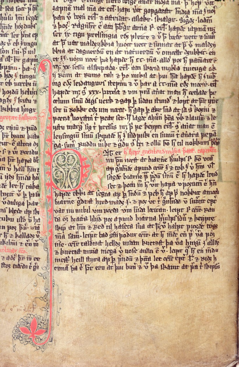 Historiated initial P at the beginning of The Saga of the Greenlanders, from Flateyjarbok (The Book of Flatey), late 14th century by Icelandic School