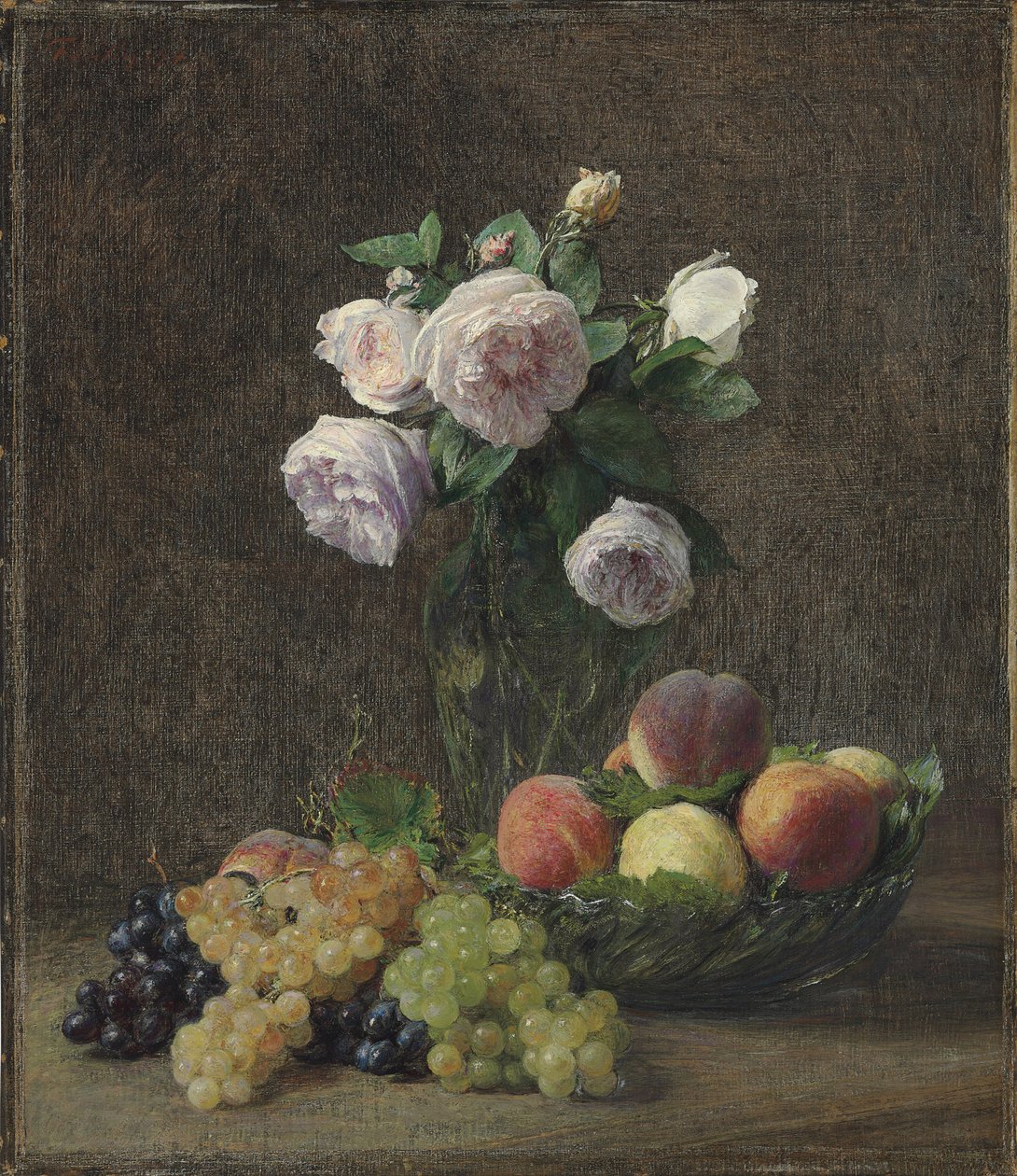 Vase of Roses, Peaches and Grapes by Ignace Henri Jean Fantin Latour