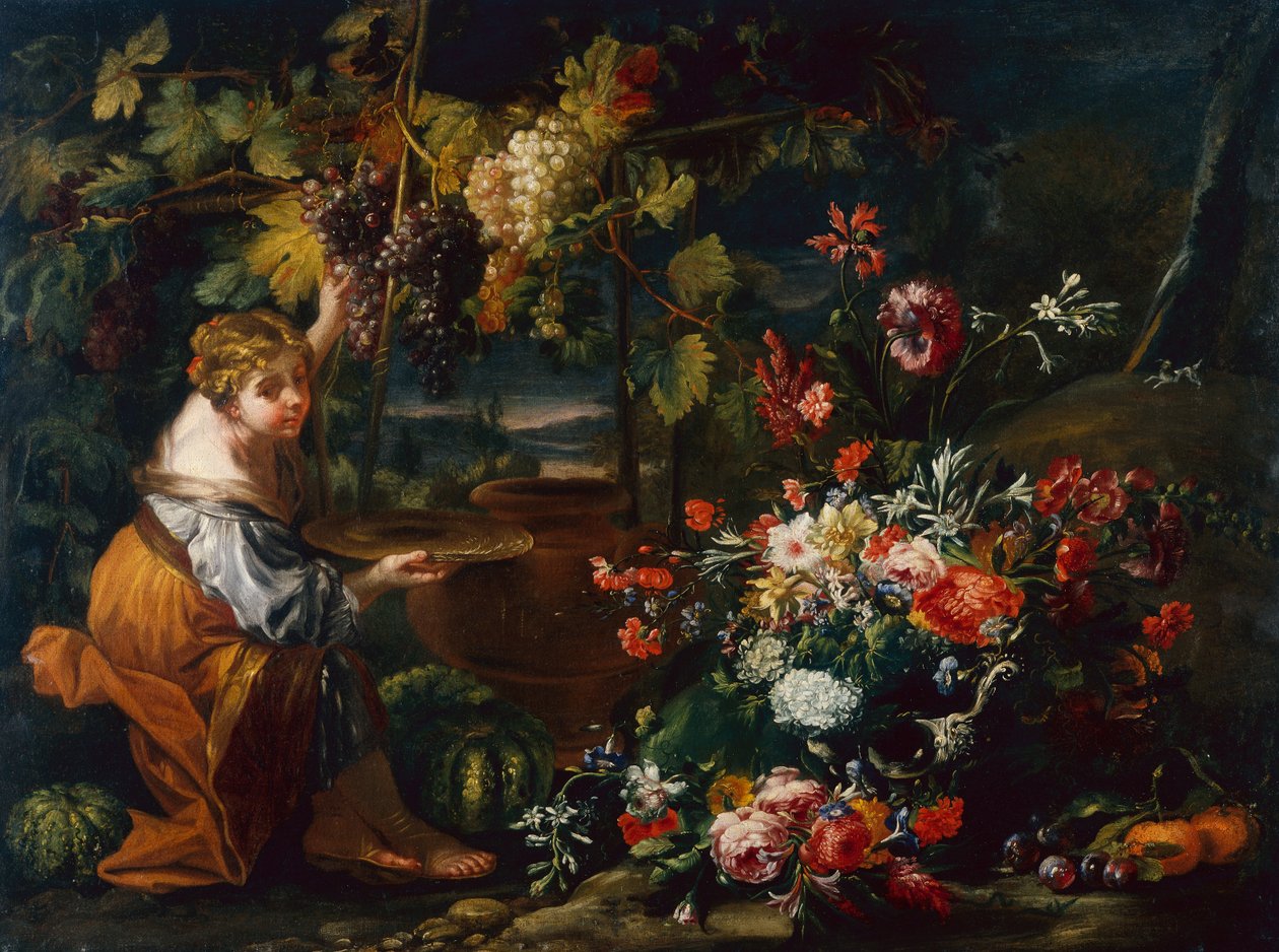 Young Girl Picking Grapes by Il and Brueghel Abraham Borgognone