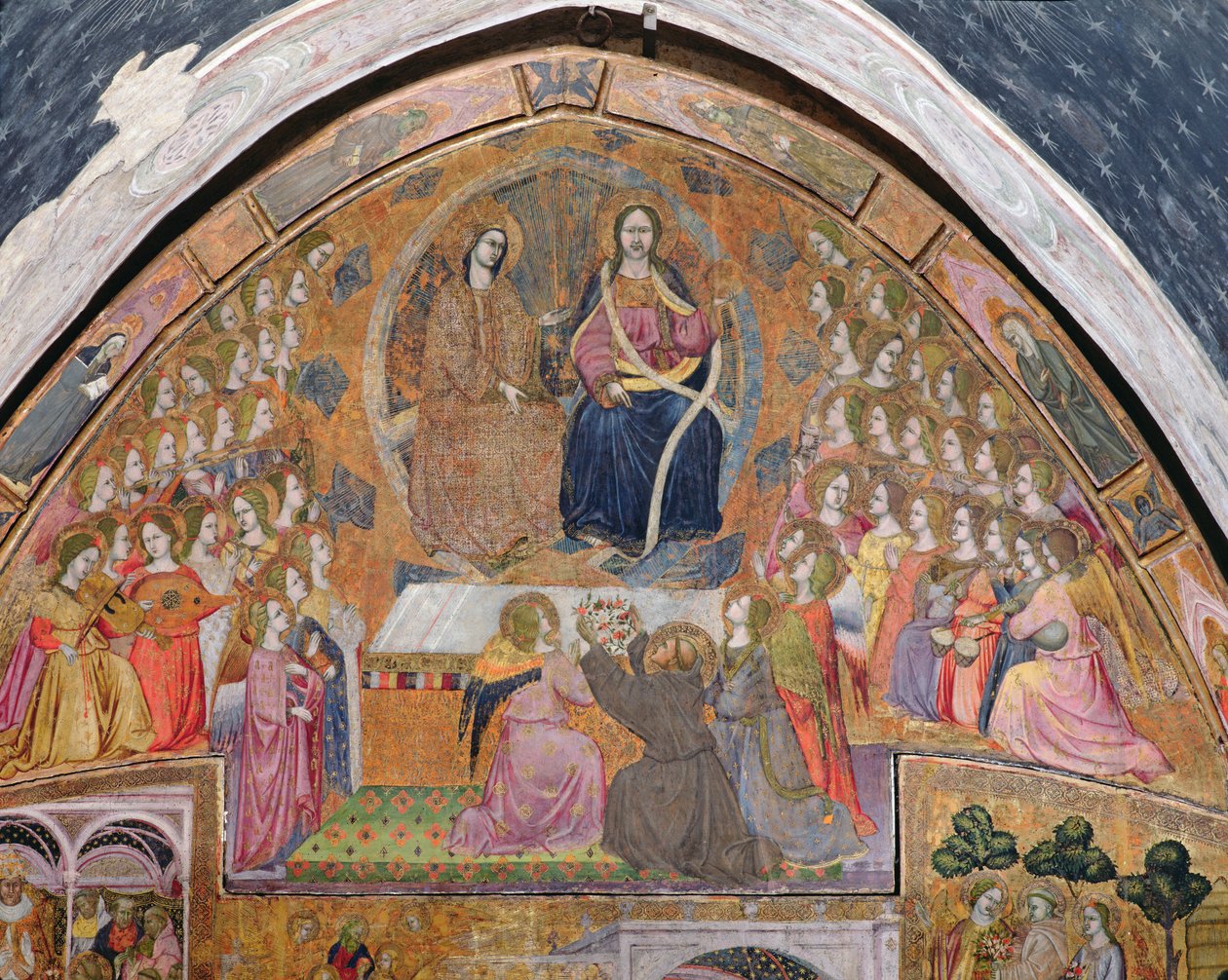 St. Francis Offering Roses to the Apparition of Christ and the Virgin, fresco from the Porziuncola, 1393 by Ilario da Viterbo