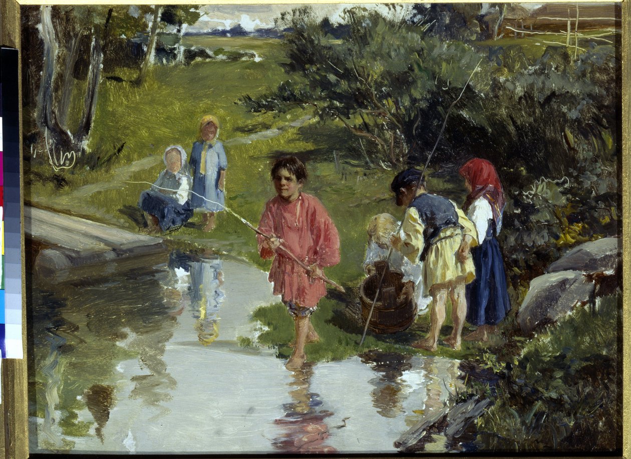 Children Fishing by Illarion Mikhailovich Pryanishnikov by Illarion Mikhailovich Pryanishnikov