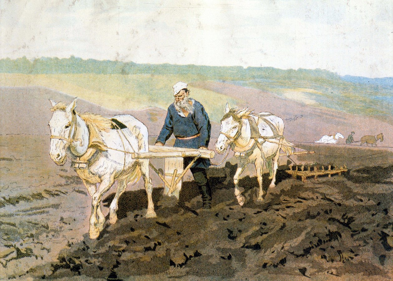 Count Tolstoy ploughing - according to Repine's painting