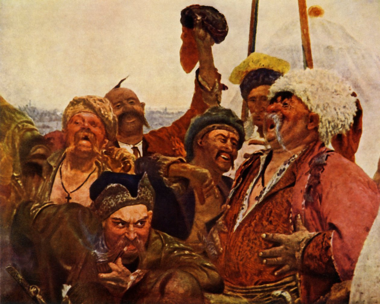 (detail) of the Zaporozhets writing a letter to the Turkish Sultan by Ilya Efimovich Repin