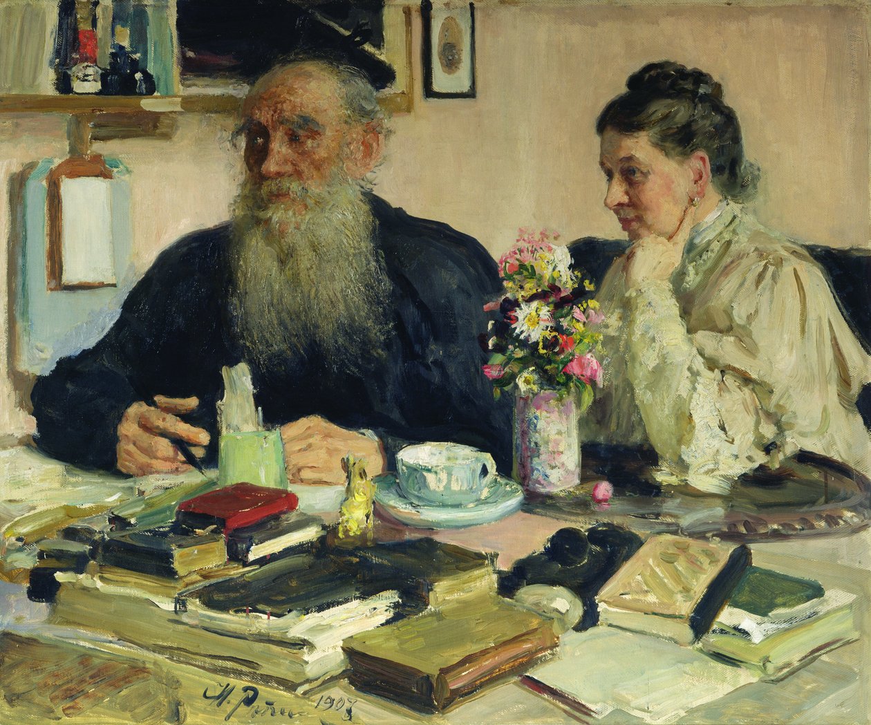 Leo Tolstoy with His Wife in Yasnaya Polyana, 1907 by Ilya Efimovich Repin