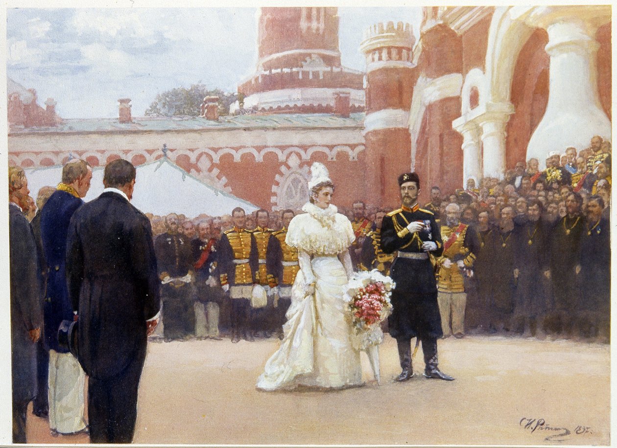 Nicholas II and His Wife, Alexandra Fedorovna, Receiving Rural District Elders on May 18, 1896 by Ilya Efimovich Repin