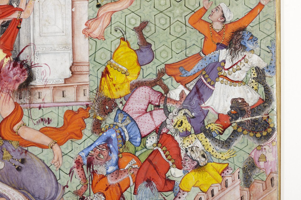 (detail) Krishna Cleaves the Demon Narakasura with his Discus, c.1585-90 by Indian School