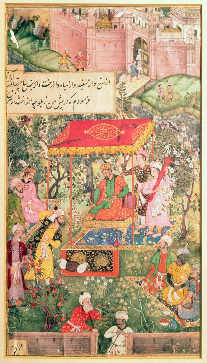 The Mogul Emperor Babur receives the envoys Uzbeg and Rauput in the garden at Agra on 18th December 1528, the emperor sits on a throne under a canopy; the fortifications of Agra are in the background by Indian School