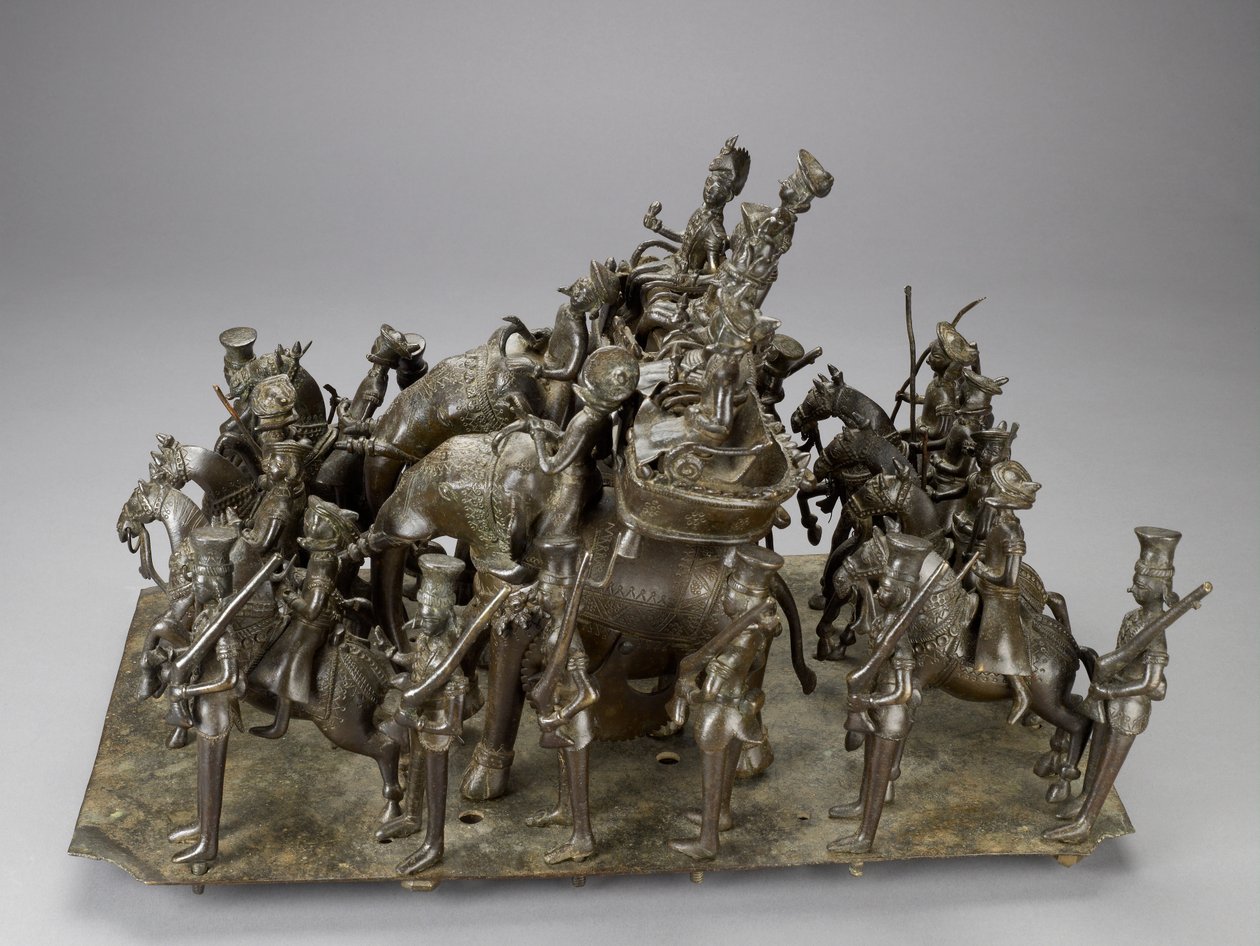 The cavalcade of the King of Oudh riding with the British Resident on elephants by Indian School