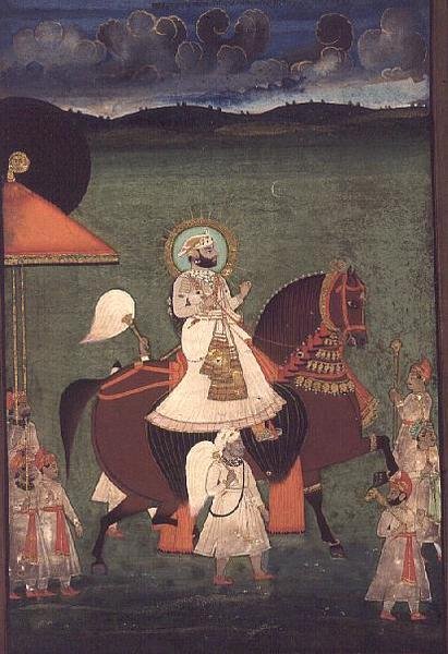 Rana Sarup Singh (1842-61) of Mewar rides upon a chestnut stallion, his retainers on foot carry sunshades and royal accoutrements, Udaipur, c.1855 by Indian School