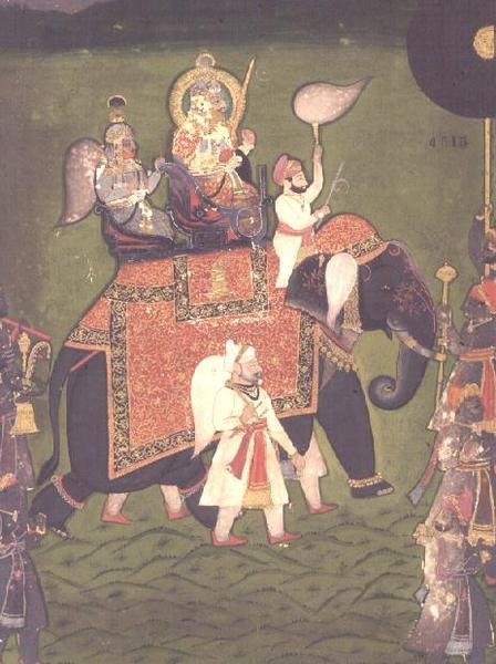Rana Jawan Singh of Mewar rides upon a caparisoned elephant, c.1835 by Indian School