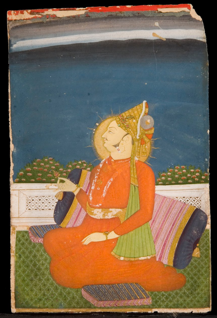 A Bejeweled Dignitary, Wearing a Plumed Turban, Holding a Lotus Bud, Sitting on a Terrace by Indian School