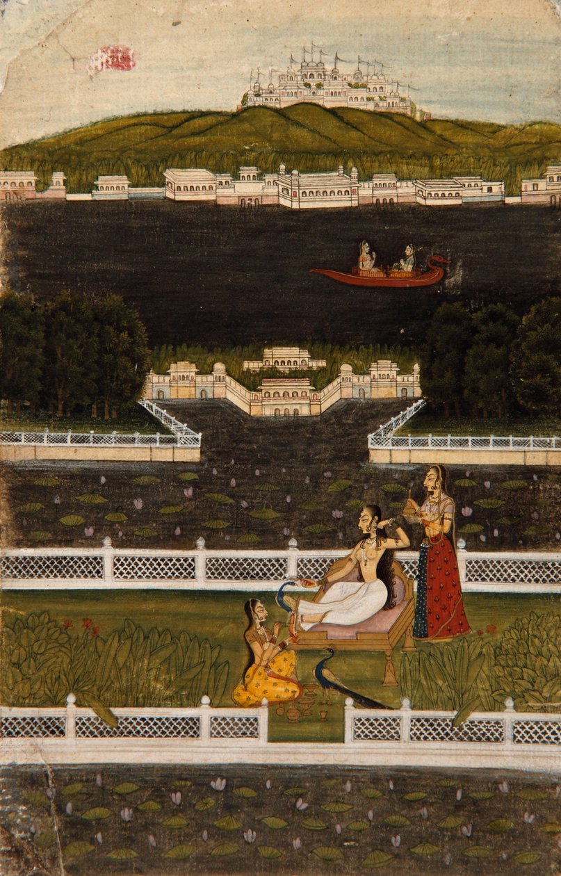 A beautiful woman on a lake terrace by Indian School