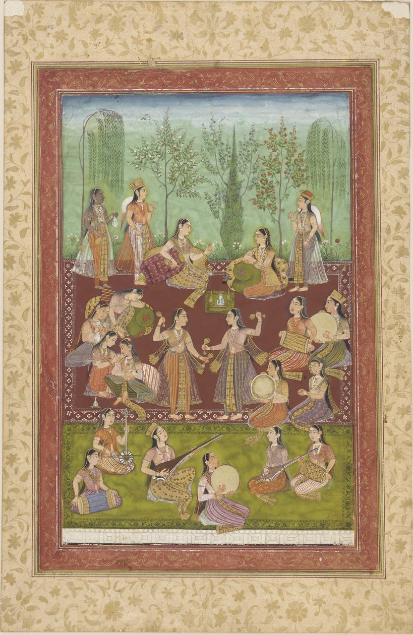 A group of women in a garden, entertaining themselves with music and dancing by Indian School