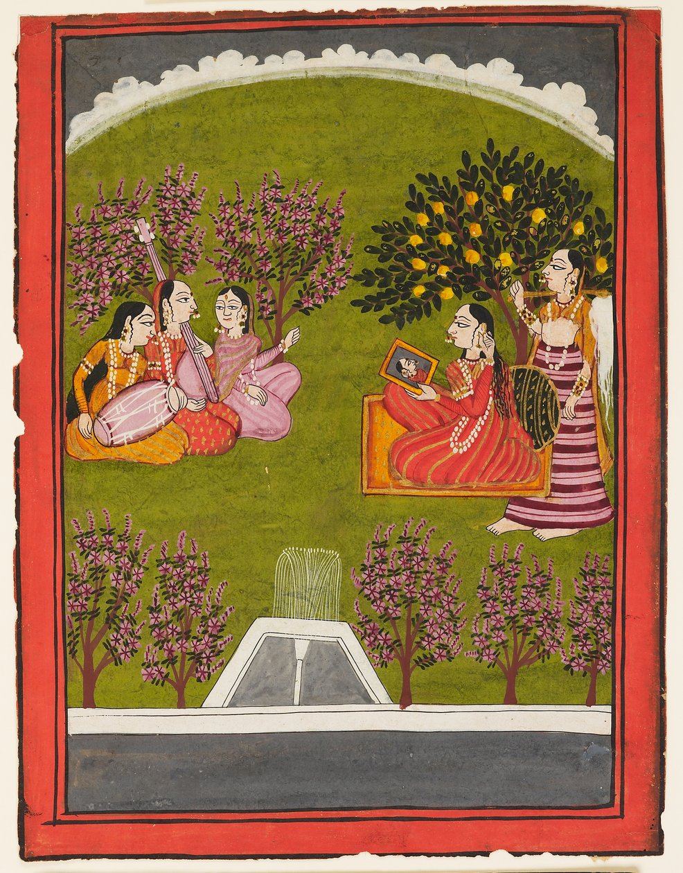 A Lady Seated with a Mirror in a Garden, with a Maid and Three Musicians, c.1909 by Indian School