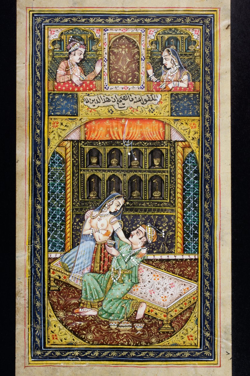 A man courts a woman in a luxurious setting, Rajasthani miniature painting by Indian School