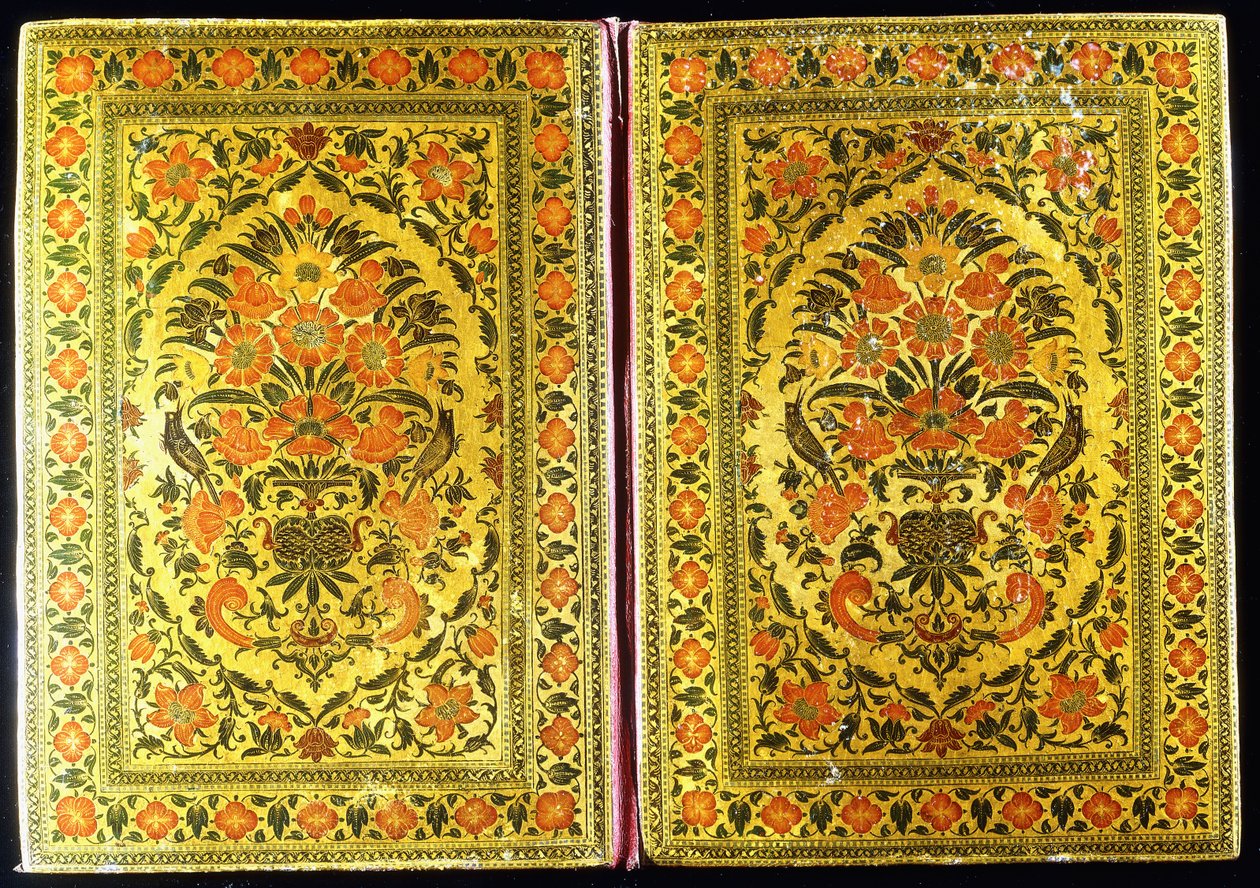 A pair of lacquer bookcovers decorated with a floral design, with a flower vase and finches at the centre, 18th century by Indian School