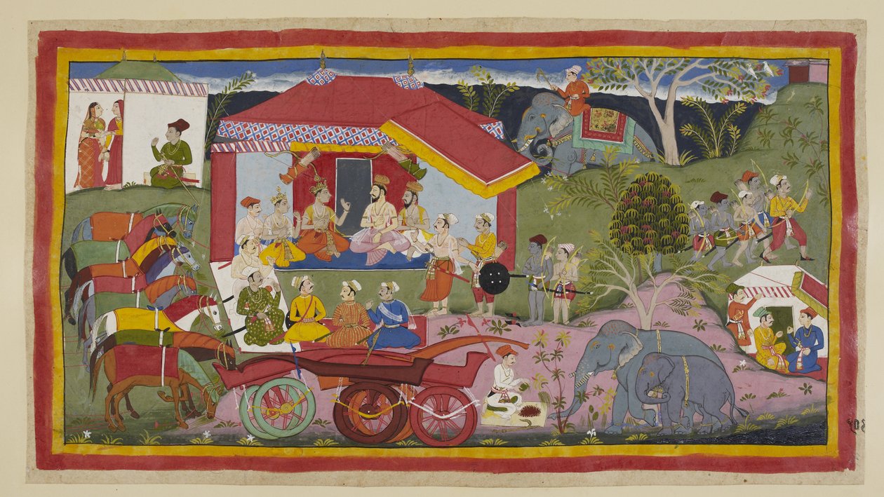 In an encampment scene, Guha the Nishadaking is introduced into the meeting of the princes, Brahmins and ministers. The horses, unyoked from the chariots, stand in a line tethered and hobbled, while a mahout prepares powder for the elephants. by Indian School