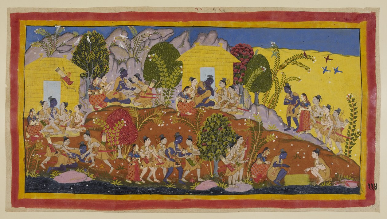 At the top in the centre, Bharata and Shatrughna throw themselves at the feet of Rama, who embraces his younger brothers and smells their heads by Indian School