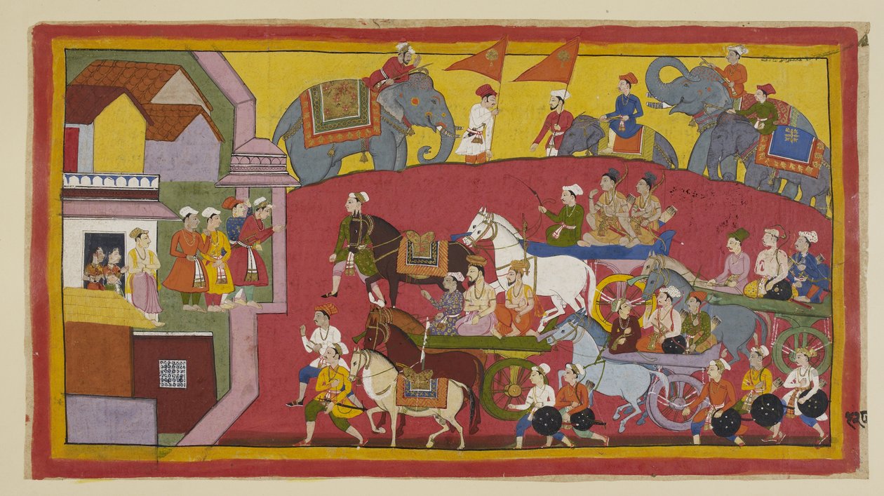 The chariots of Vasistha and the princes, attended by various ministers and people, enter the town of Nandigrama by Indian School