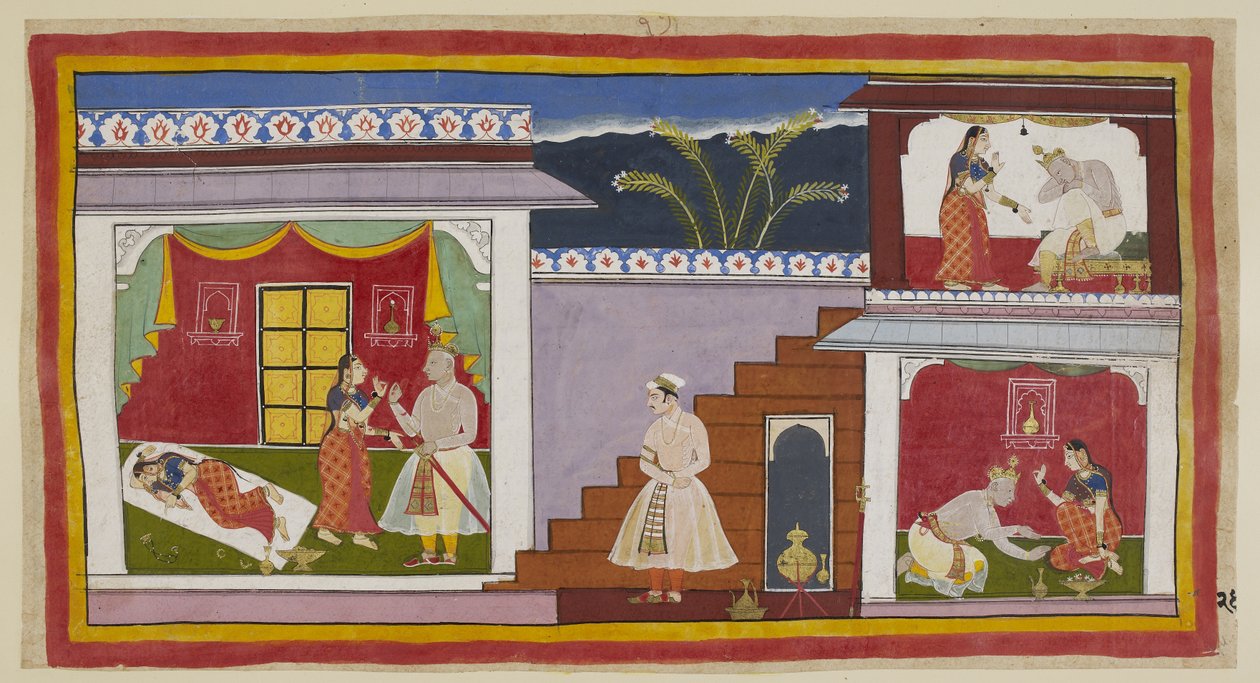 Kaikeyi is first seen on the left sleeping dishevelled, as in the previous picture, and then rises from her bed to persuade her husband to grant her the two boons that Dasaratha had earlier promised her. On the right, Dasaratha is firs by Indian School