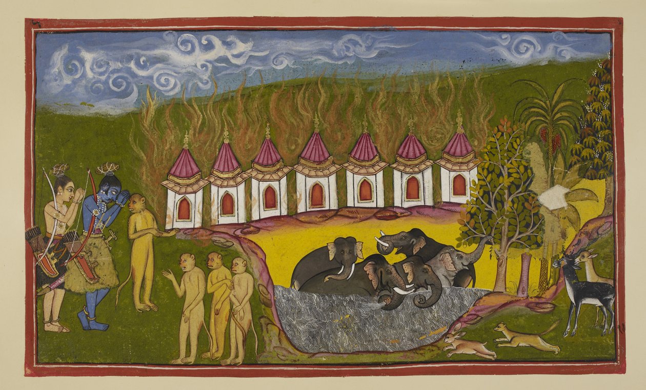 Sugriva has been defeated and reproaches Rama for not helping him, but Rama tells him he was unable to distinguish between him and his brother. On their way back to Kiskindha to renew his challenge, Rama and Laksmana salute the Saptaj by Indian School