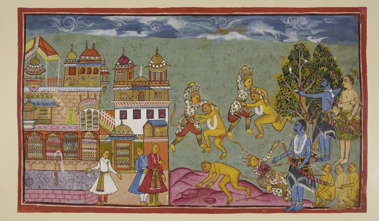 Outside the Palace, Sugriva and Bali Fighting by Indian School