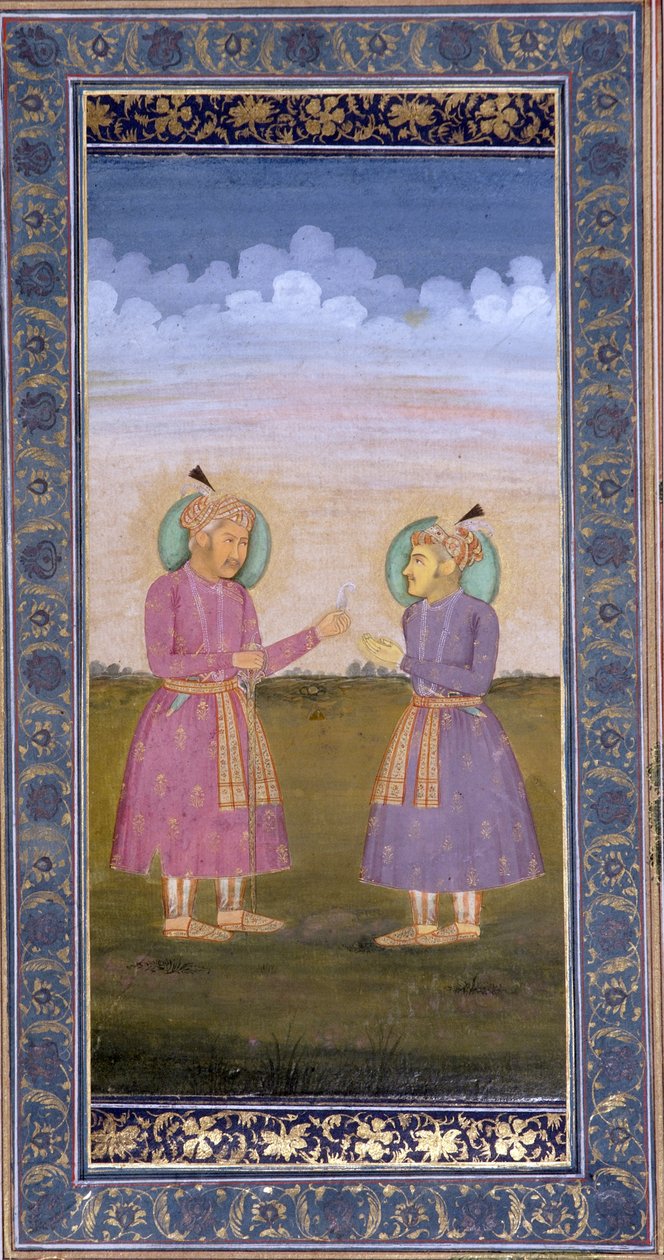 Akbar Hands a Jeweled Feather to His Son Jahangir by Indian School