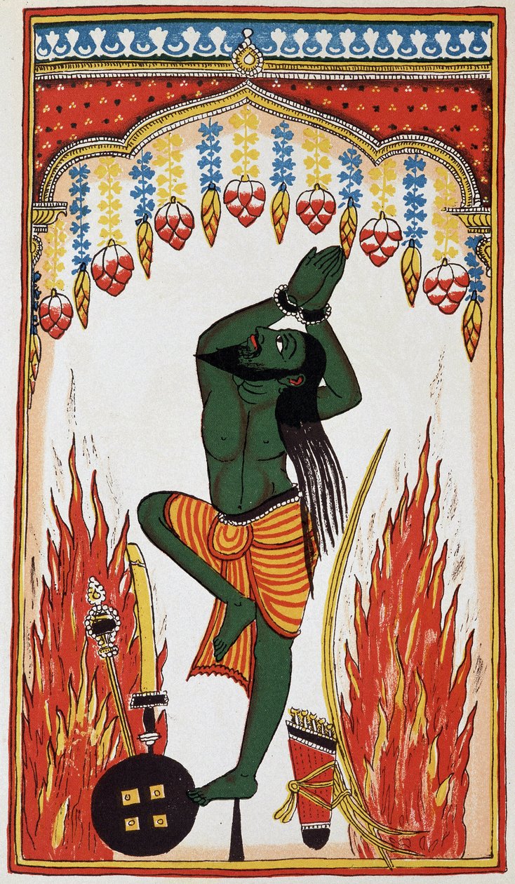 Aradjama, praying and doing penance to obtain the arms that will make him invincible, litho 18th century by Indian School