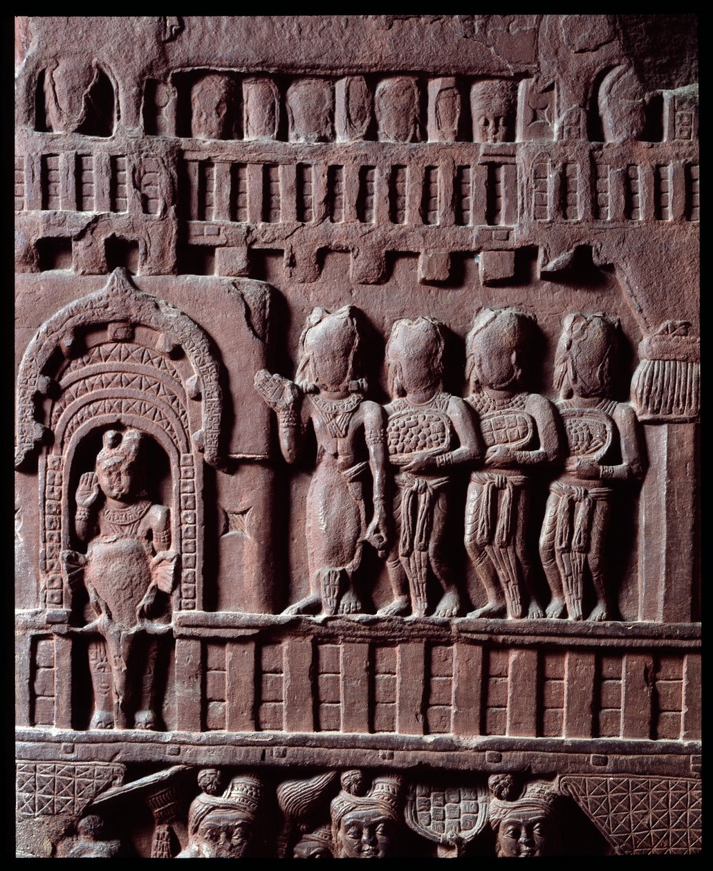 Buddhism: (detail) Victory over Mara. Detail of the stupa of Bharhut. Black stone relief, 2nd century BC - Kolkata, Indian museum by Indian School