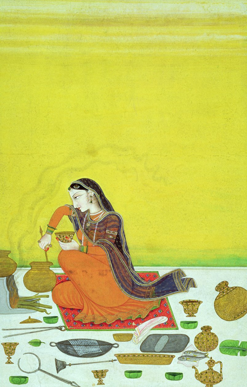 A Lady Prepares a Meal, Miniature from a Bhagavata Purana Series by Indian School