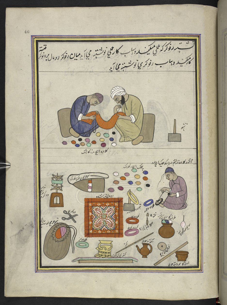 Coarse embroiderers; needle-worker, for joining shawl-pieces, winding thread into a ball, 86 drawings bound into a volume depicting trades and occupations in Kashmir, Craftsmen are shown at work with their implements and equipment, By a Kashmir artist by Indian School