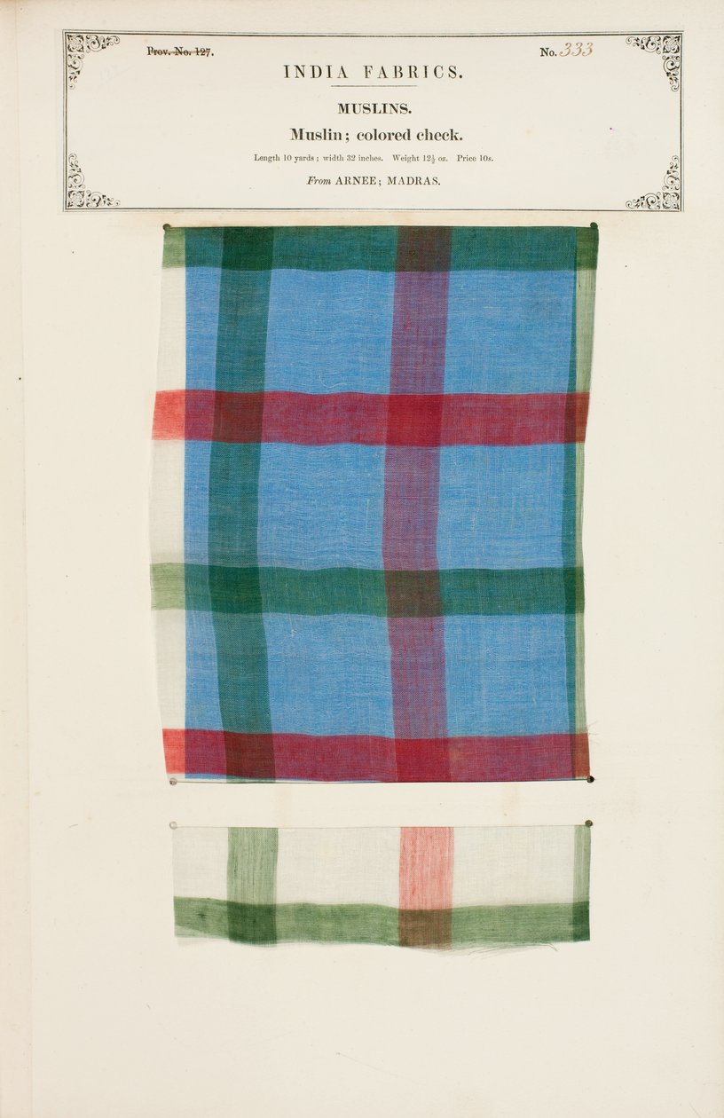 Coloured check muslin sample from Arnee in Madras, from The Collection ...