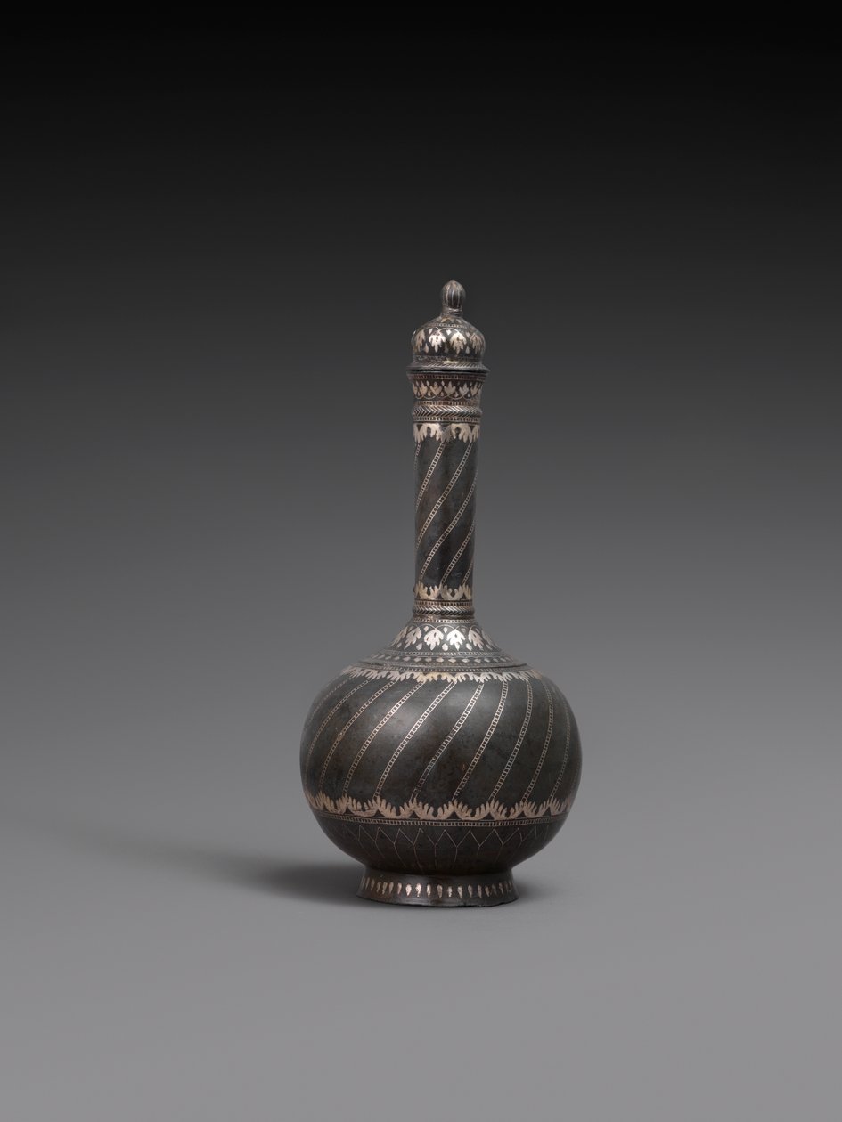 Flask and cover and stand, or dish of metal alloy inlaid with silver, 1700-99 by Indian School