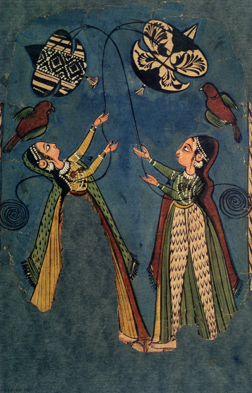 Girls Flying Kites, Kulu Folk Painting, Himachal Pradesh by Indian School