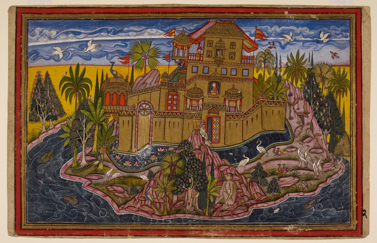Hanuman, now his normal size, observes the golden city of Lanka by Indian School