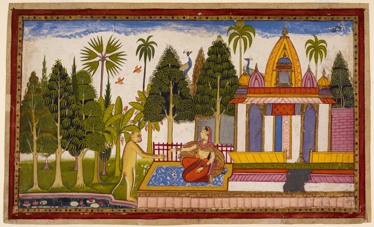 Hanuman reveals himself to Sita, offering to rescue her, but she insists only Rama can do so, giving him a jewel for Rama by Indian School