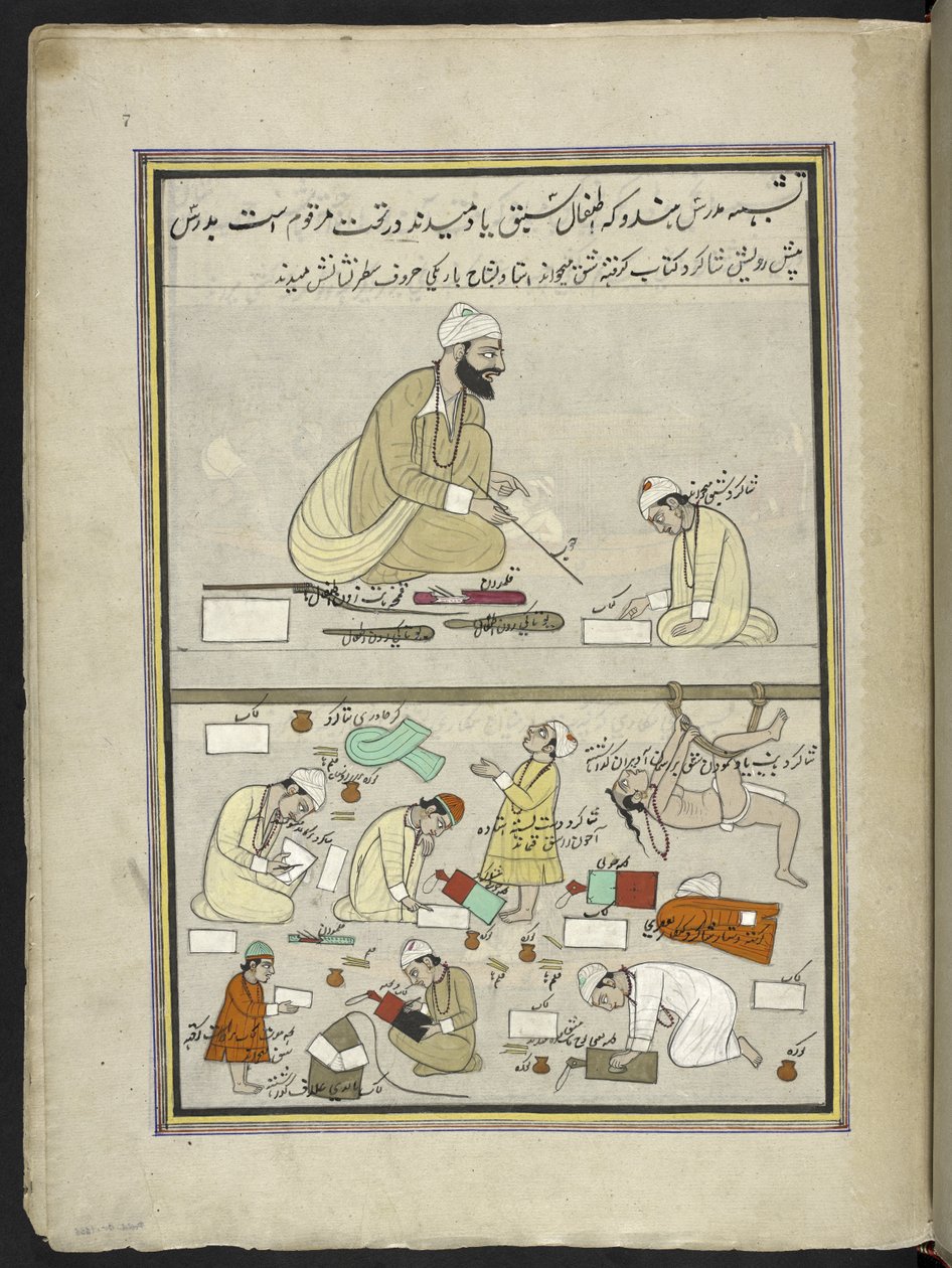 Hindu teacher with pupils, 86 drawings bound into a volume depicting trades and occupations in Kashmir, Craftsmen are shown at work with their implements and equipment, By a Kashmir artist, probably at Srinagar by Indian School