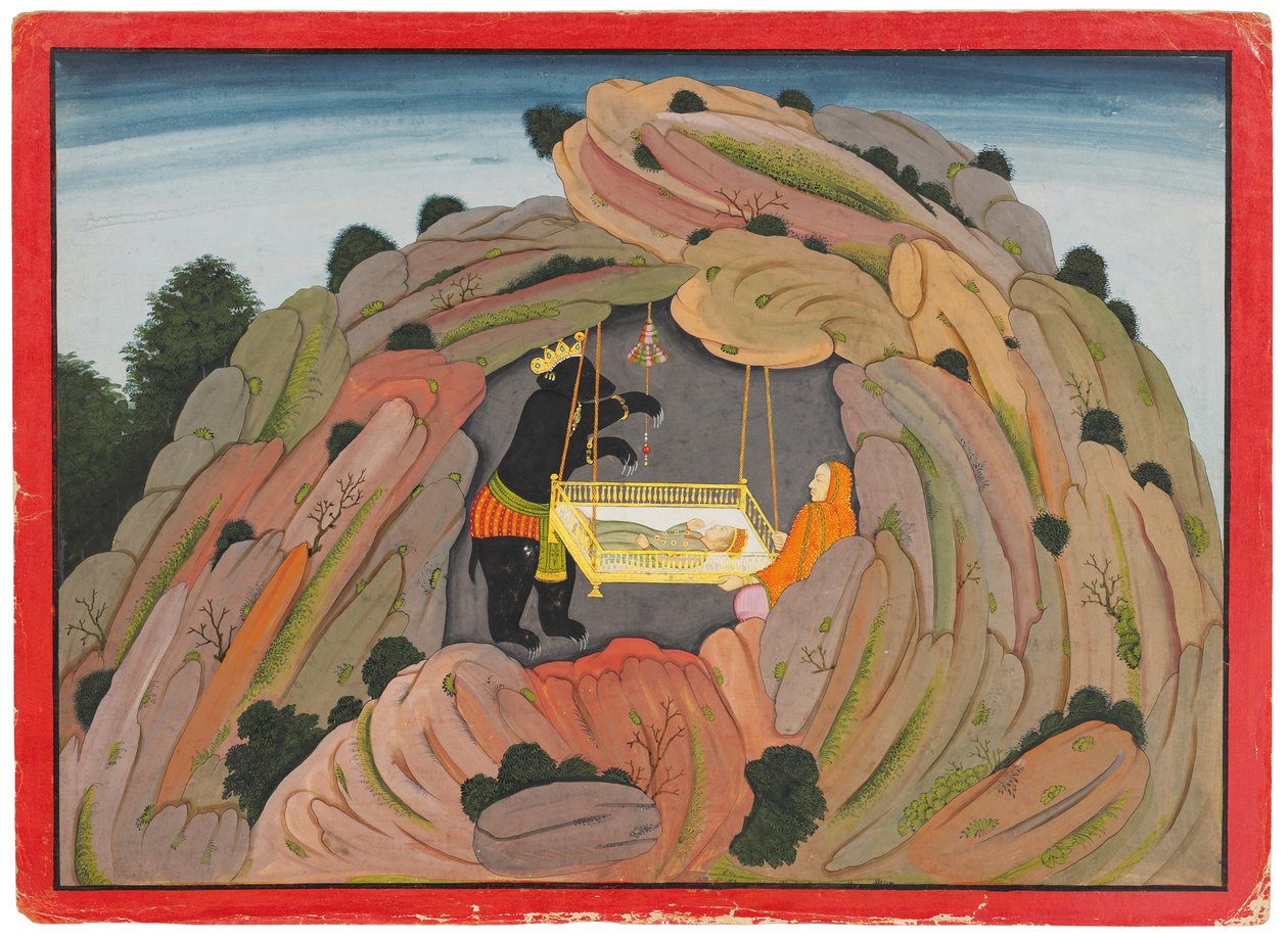 Illustration to the Bhagavata Purana: Jambavan gives the Symantaka jewel to his daughter to play by Indian School