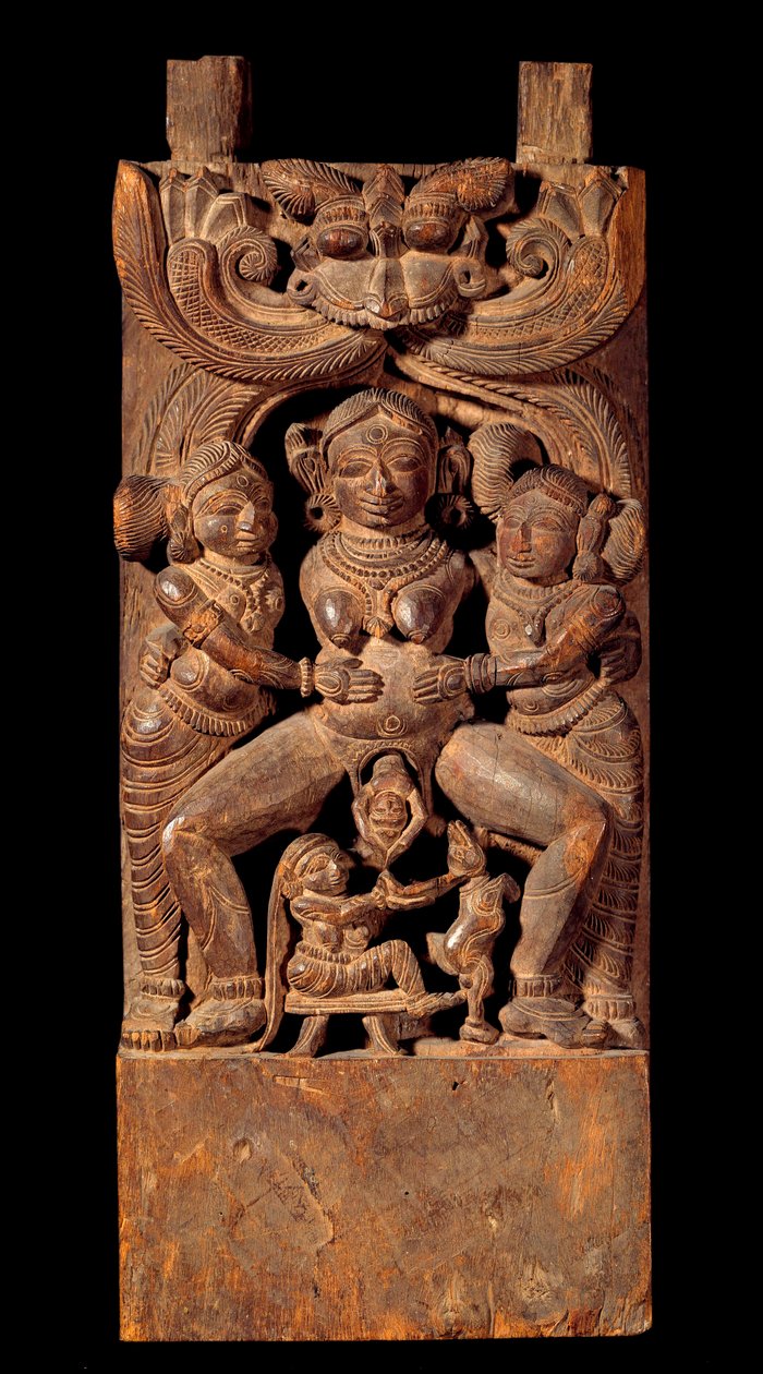 Indian art: representation of Mahamai, mother goddess, giving birth. Wooden relief of the 18th century Private collection by Indian School