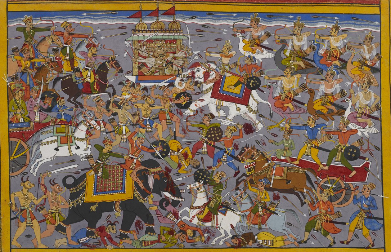 Indra battles Ravana, who rides the Pushpaka chariot, from his elephant ...